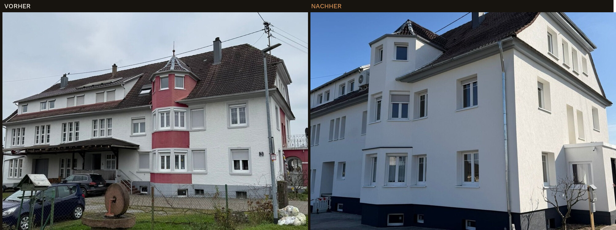 Wohnhaus in Hugsweier: links der alte Zustand mit rotem Erkerturm, rechts die fertig sanierte helle Fassade
