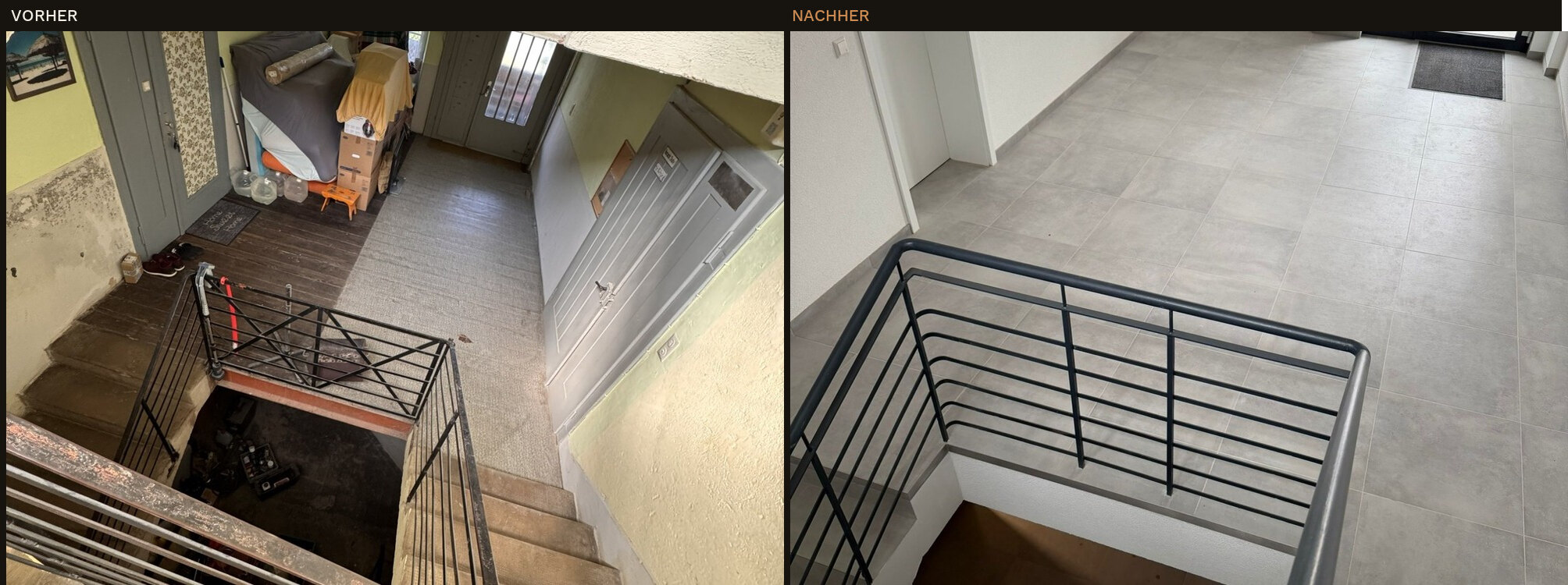 Treppenhaus in Hugsweier: links der alte Zustand mit Gerümpel und altem Belag, rechts hell gefliest mit neuem Geländer