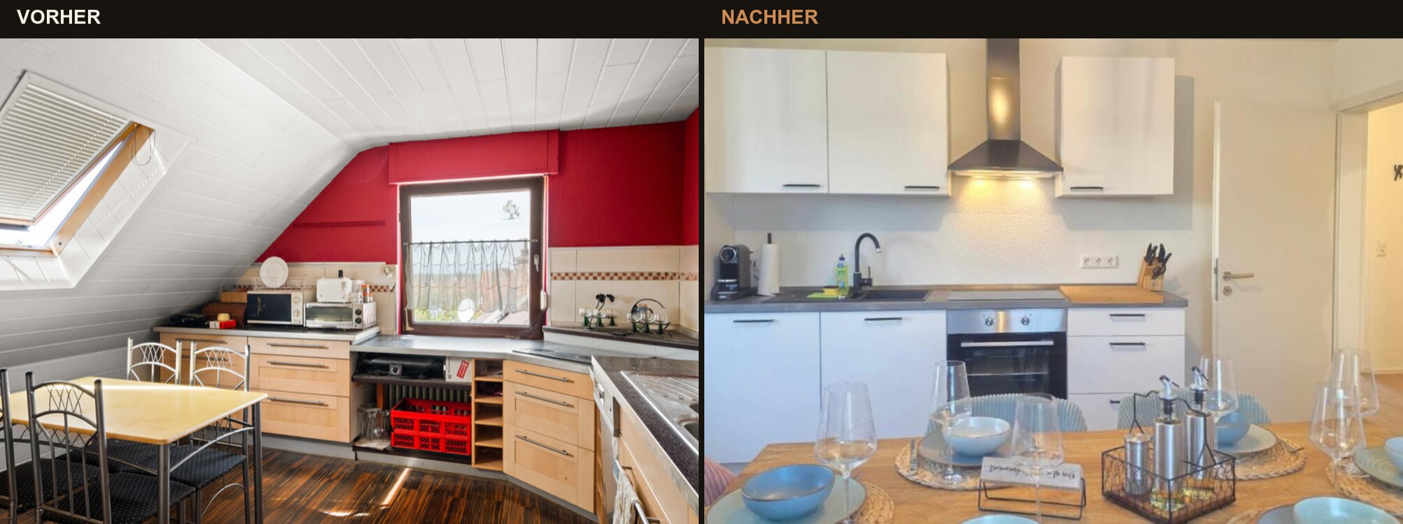 Küche in Kippenheim: links der alte Zustand, rechts die neue Einbauküche nach dem Ausbau