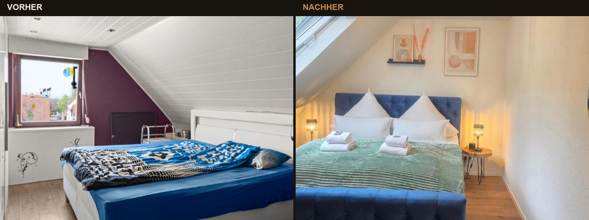 Schlafzimmer in Kippenheim: links der alte Zustand mit farbiger Wand, rechts das fertig ausgebaute Zimmer