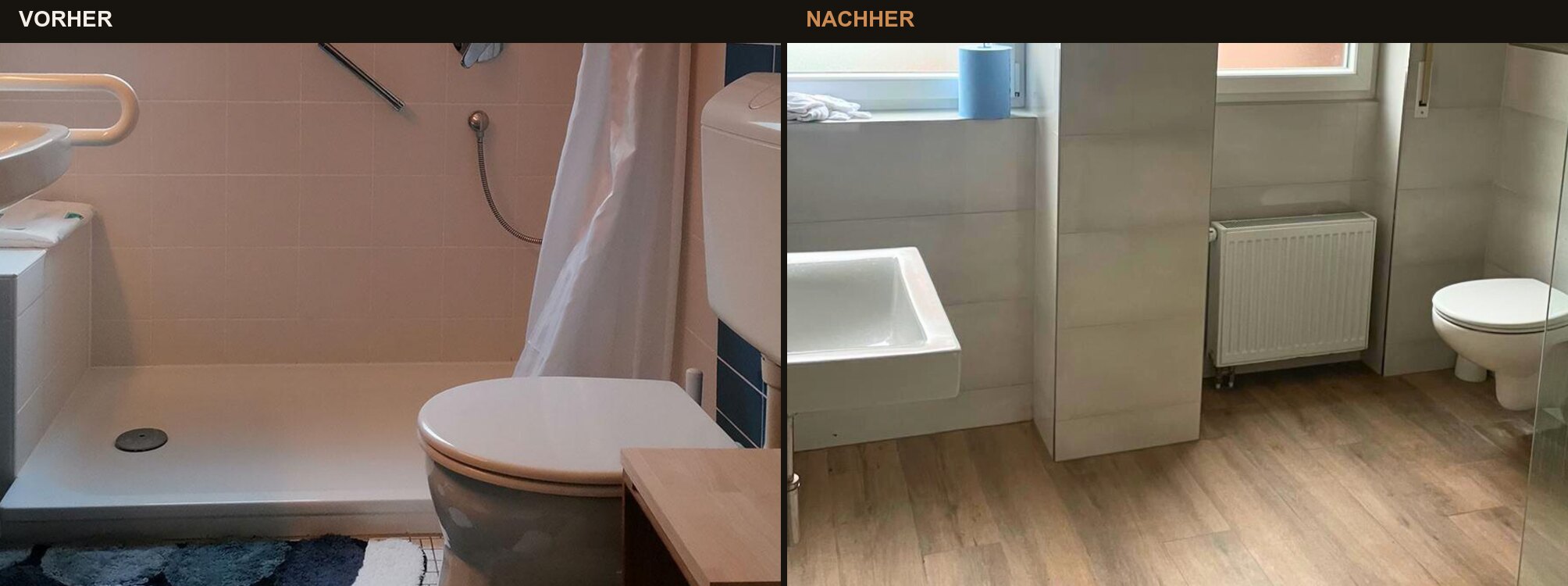 Bad in Lahr: links die alte Duschwanne mit Vorhang, rechts das neue Bad mit Großformatfliesen