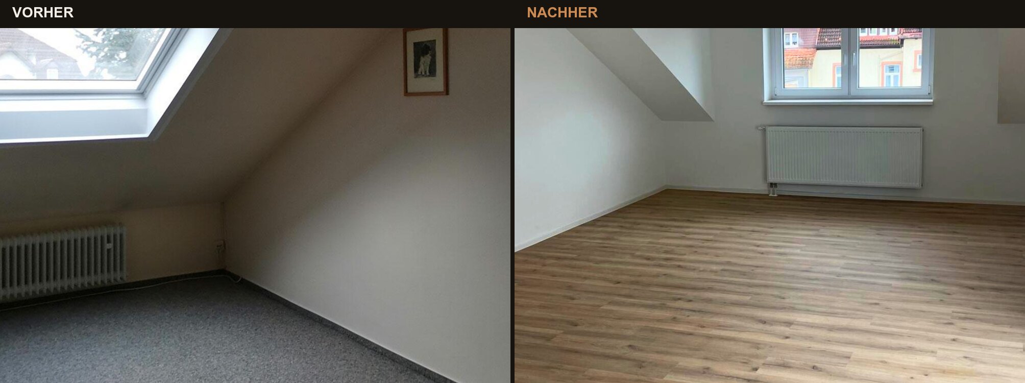 Dachzimmer in Lahr: links alter Teppichboden und Rippenheizkörper, rechts neuer Dielenboden und neues Fenster
