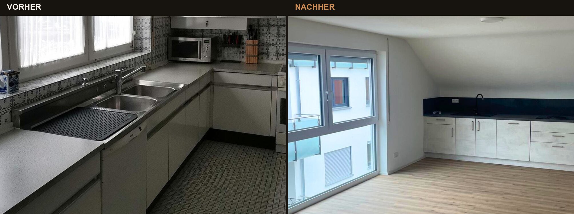 Küche in Lahr: links die alte Zeile mit Delfter Fliesen, rechts die neue Küche im Dachgeschoss